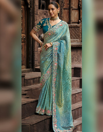 Timeless Elegance in Soft Hues Sea Green Designer Embroidered Viscose Tissue Saree