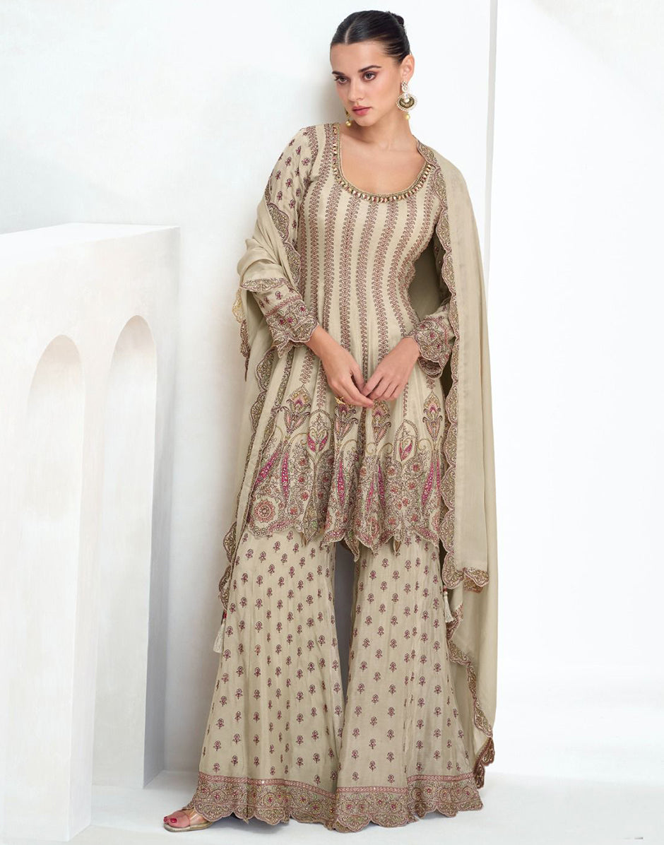 Timeless Grace: Beige Embroidered Kalidar Chinon Silk Top, Palazzo & Dupatta Set