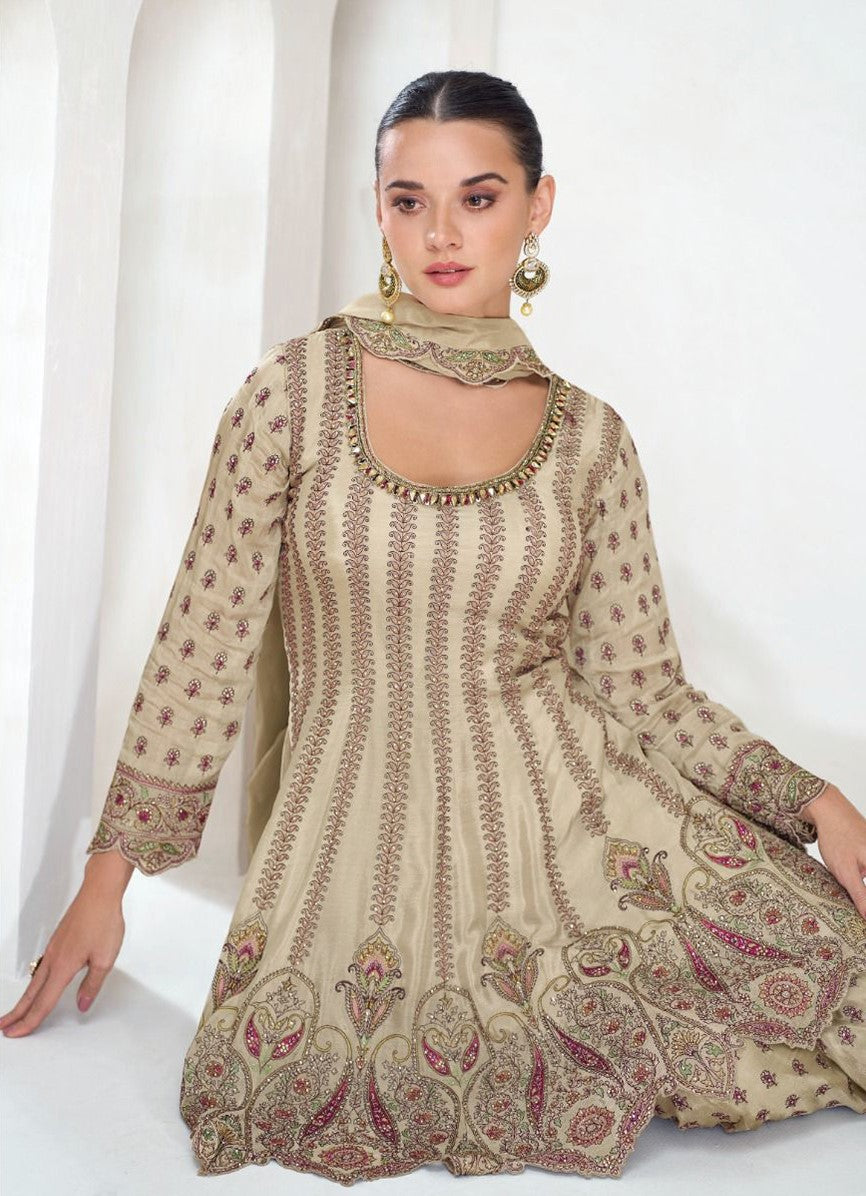 Timeless Grace: Beige Embroidered Kalidar Chinon Silk Top, Palazzo & Dupatta Set