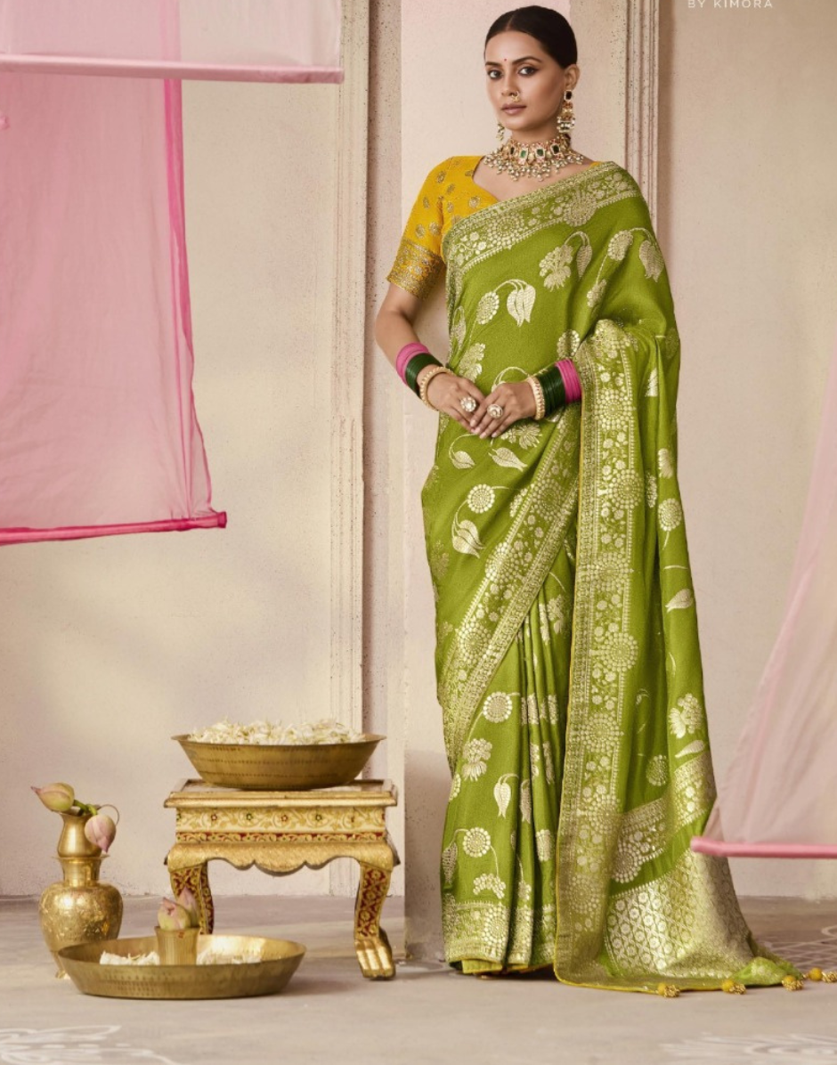 Timeless Mehendi Green Dola Silk Saree Featuring All Over Floral Weaving