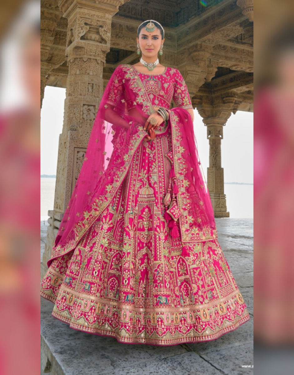 Luxurious Pink Silk Bridal Lehenga with Rich Khatli Embroidery & Heavy Work - Buy main image 0