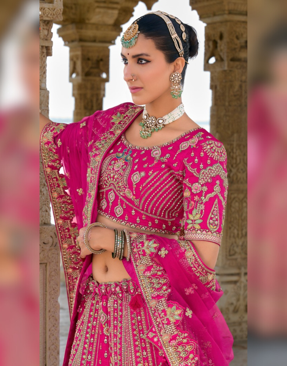Timeless Pink Bridal Silk Lehenga with Elaborate Khatli & Heavy Embellishments - Buy
