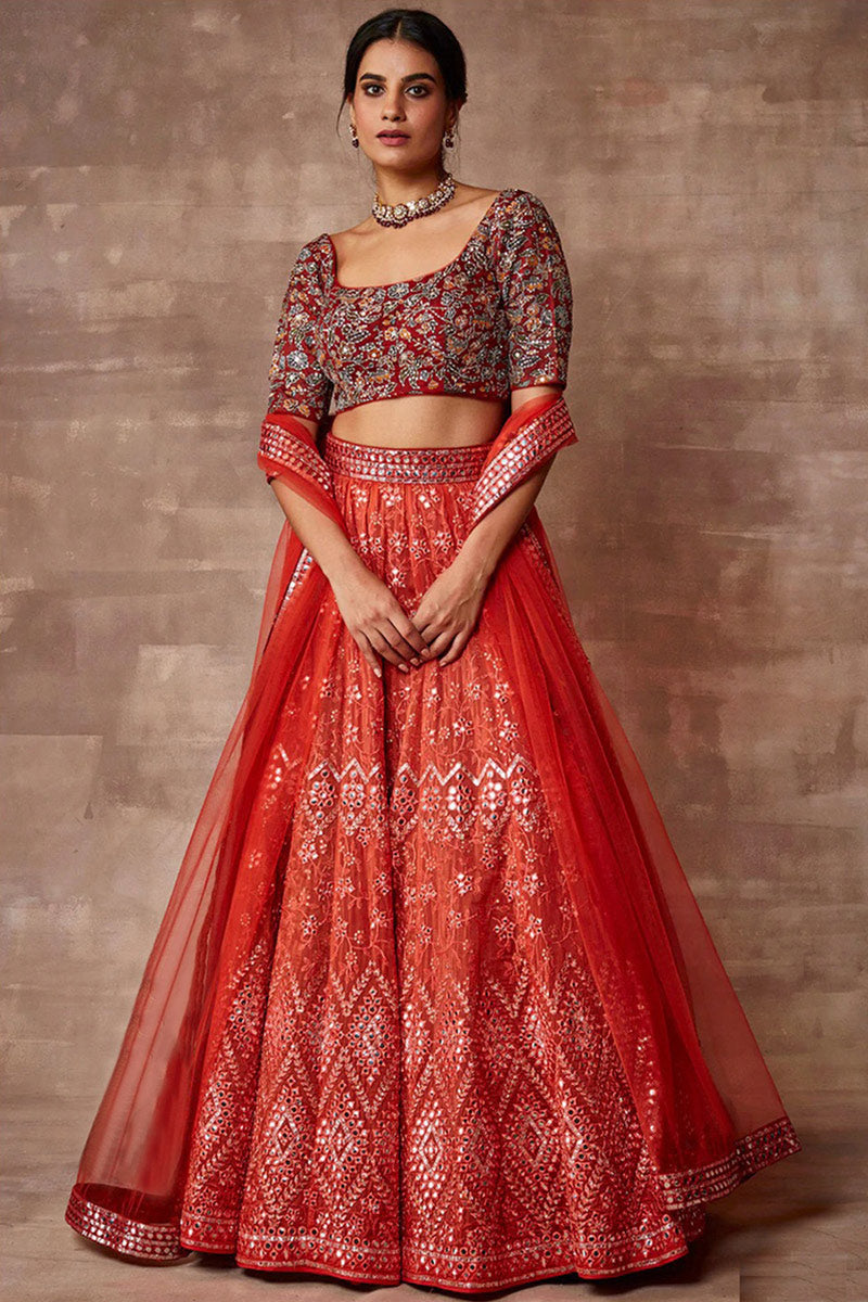 Tomato Red Embroidered Soft Silk Flared Style Lehenga