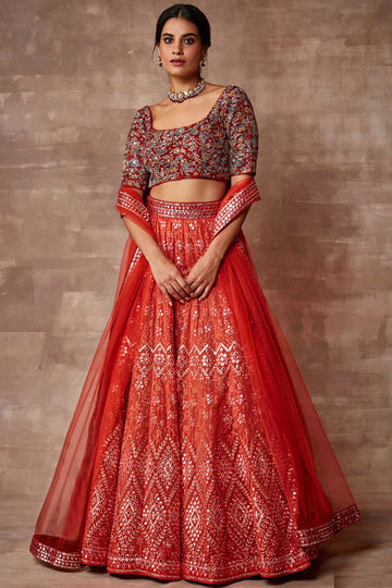 Tomato Red Embroidered Soft Silk Flared Style Lehenga