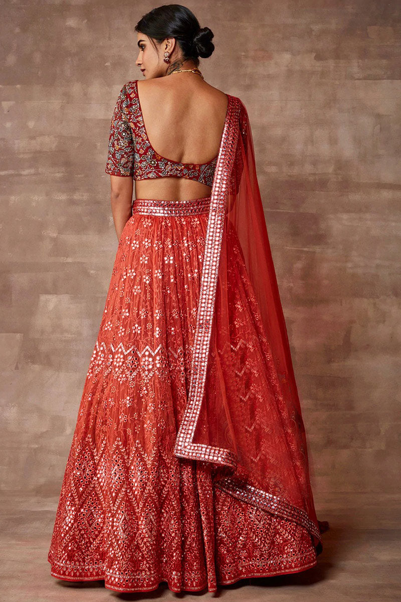 Tomato Red Embroidered Soft Silk Flared Style Lehenga