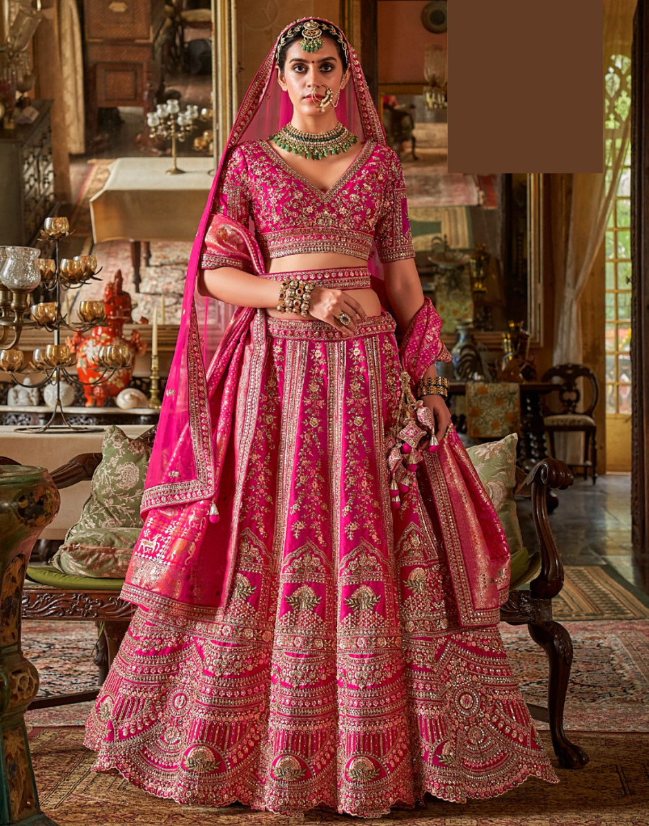 Traditional Art Silk Lehenga Choli with Heavy Embroidery & Net Dupatta Pearl & Zari Weaving - Buy