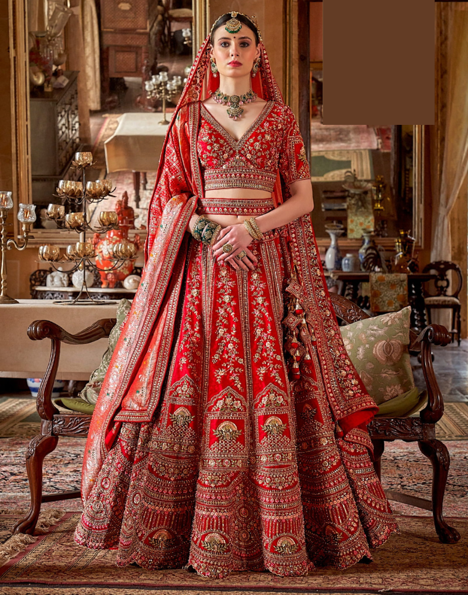 Traditional Art Silk Lehenga Choli with Heavy Embroidery & Net Dupatta Pearl & Zari Weaving - Buy Red / XL