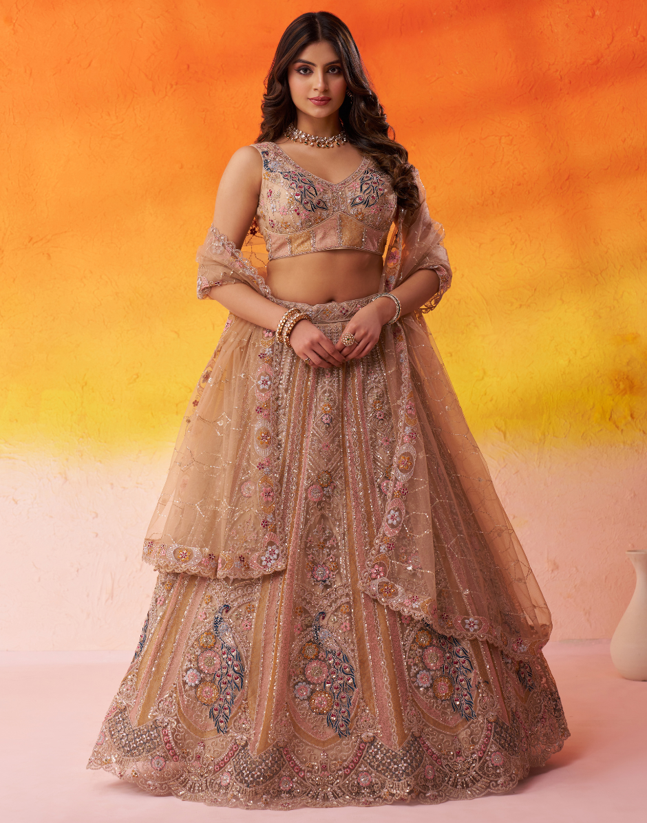 Traditional Bridal Net Lehenga Choli with Heavy Sequins Work and Dupatta - Buy
