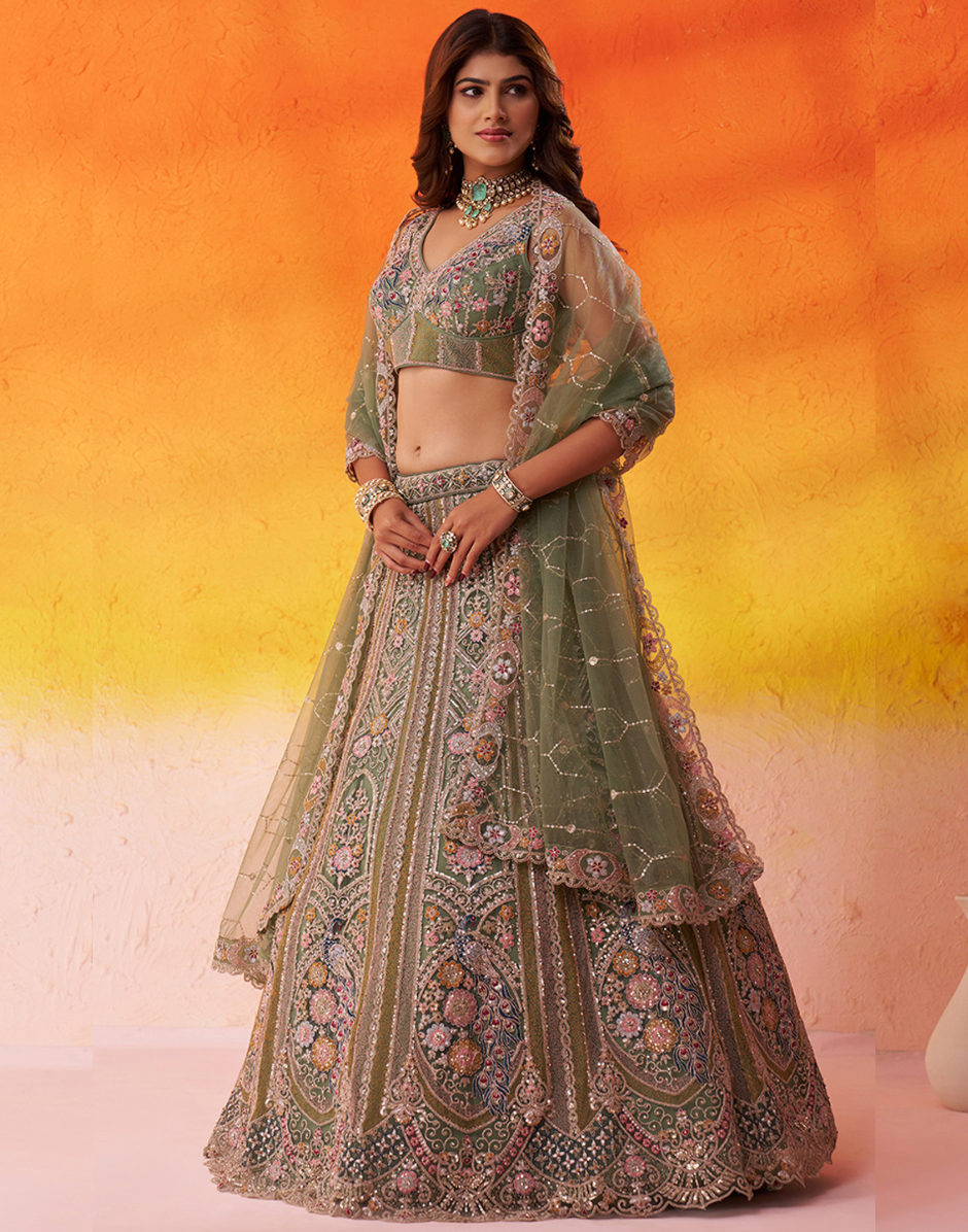 Traditional Bridal Net Lehenga Choli with Heavy Sequins Work and Dupatta - Buy_4