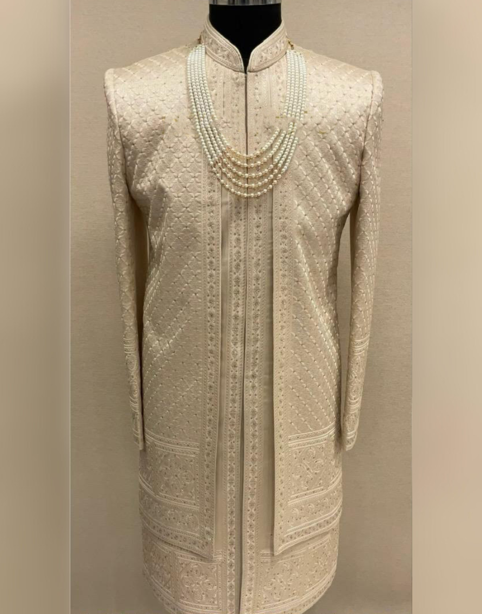 Traditional Chiku Sherwani Set with Premium Embroidery & Embellishments