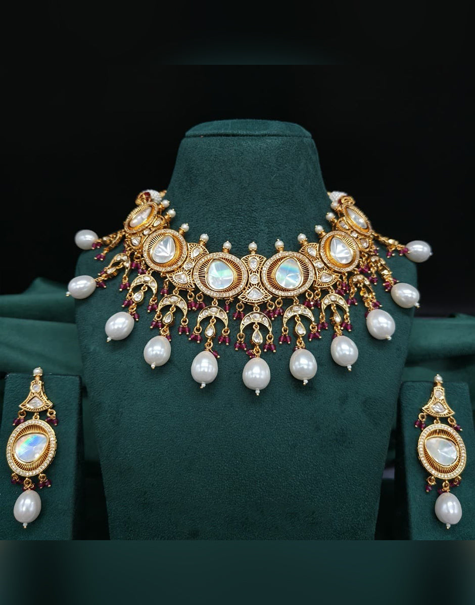 Traditional Gold Plated Brass Kundan Jewelry Set Necklace and Earrings