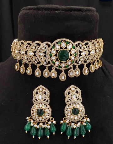 Traditional Green Kundan Choker Set with Earrings Bridal & Festive Jewelry