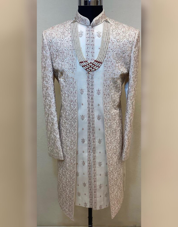 Traditional Indian Wedding Sherwani Set in Fawn with Rich Embroidery