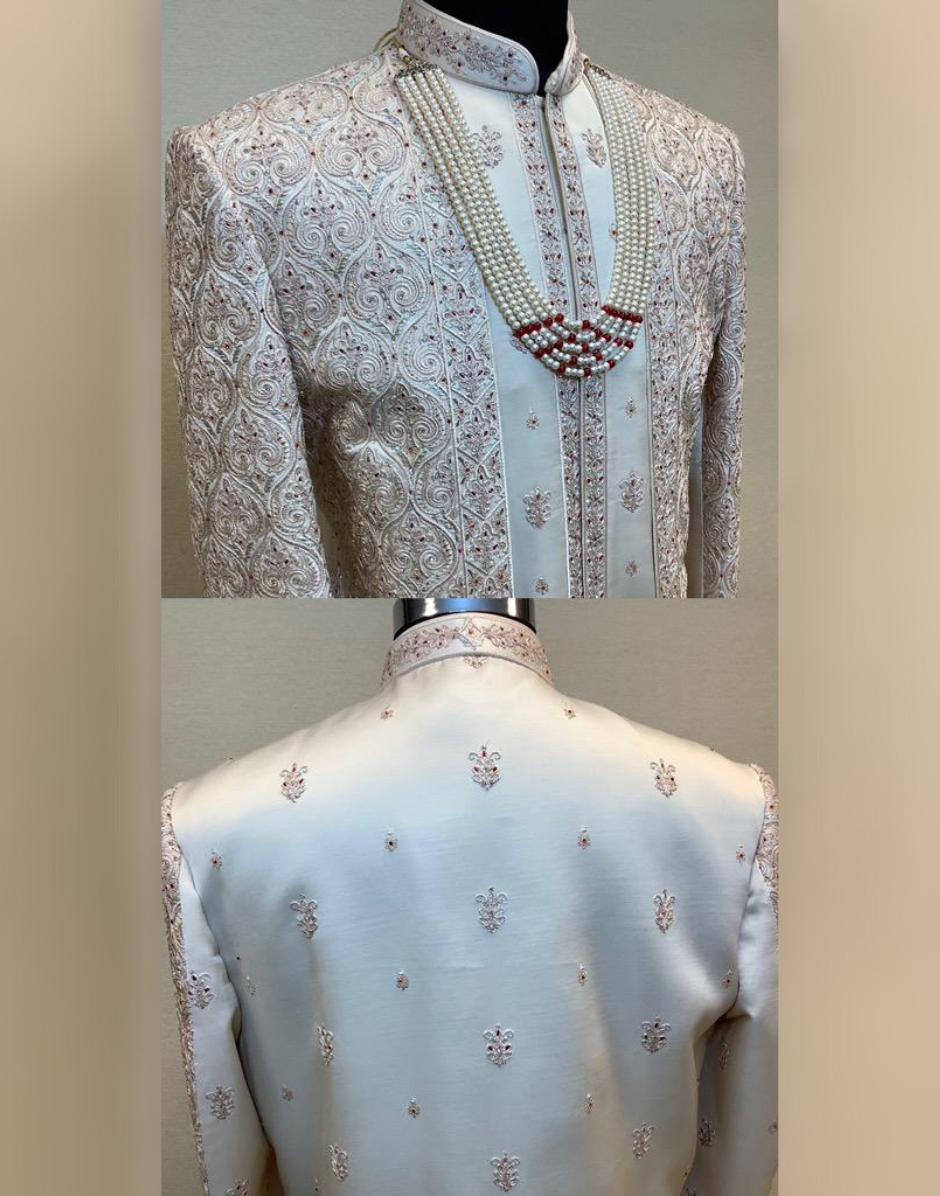 Traditional Indian Wedding Sherwani Set in Fawn with Rich Embroidery