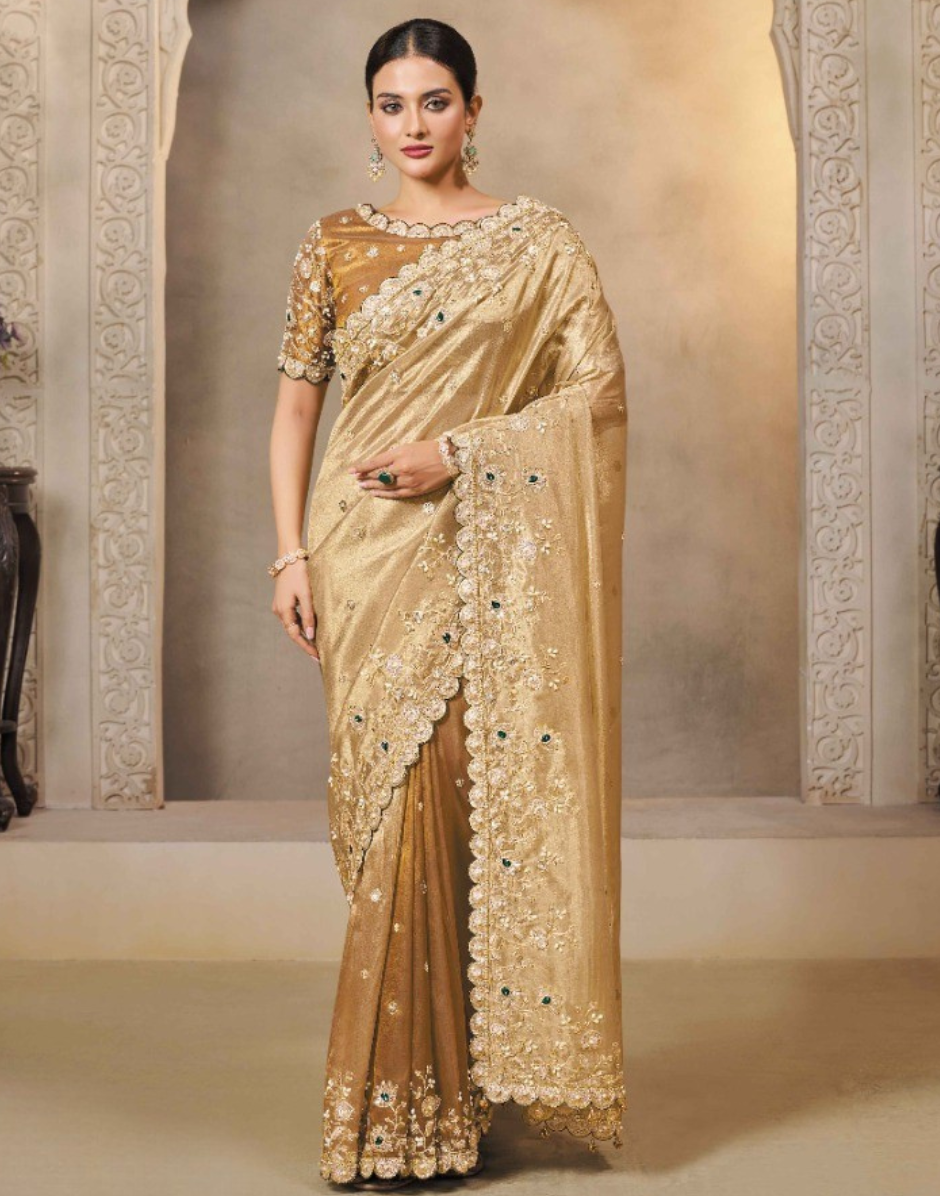 Traditional Kora Zari Tissue Silk Saree in Brown with Zardosi, Stones & Hand Embroidery Blouse - Buy
