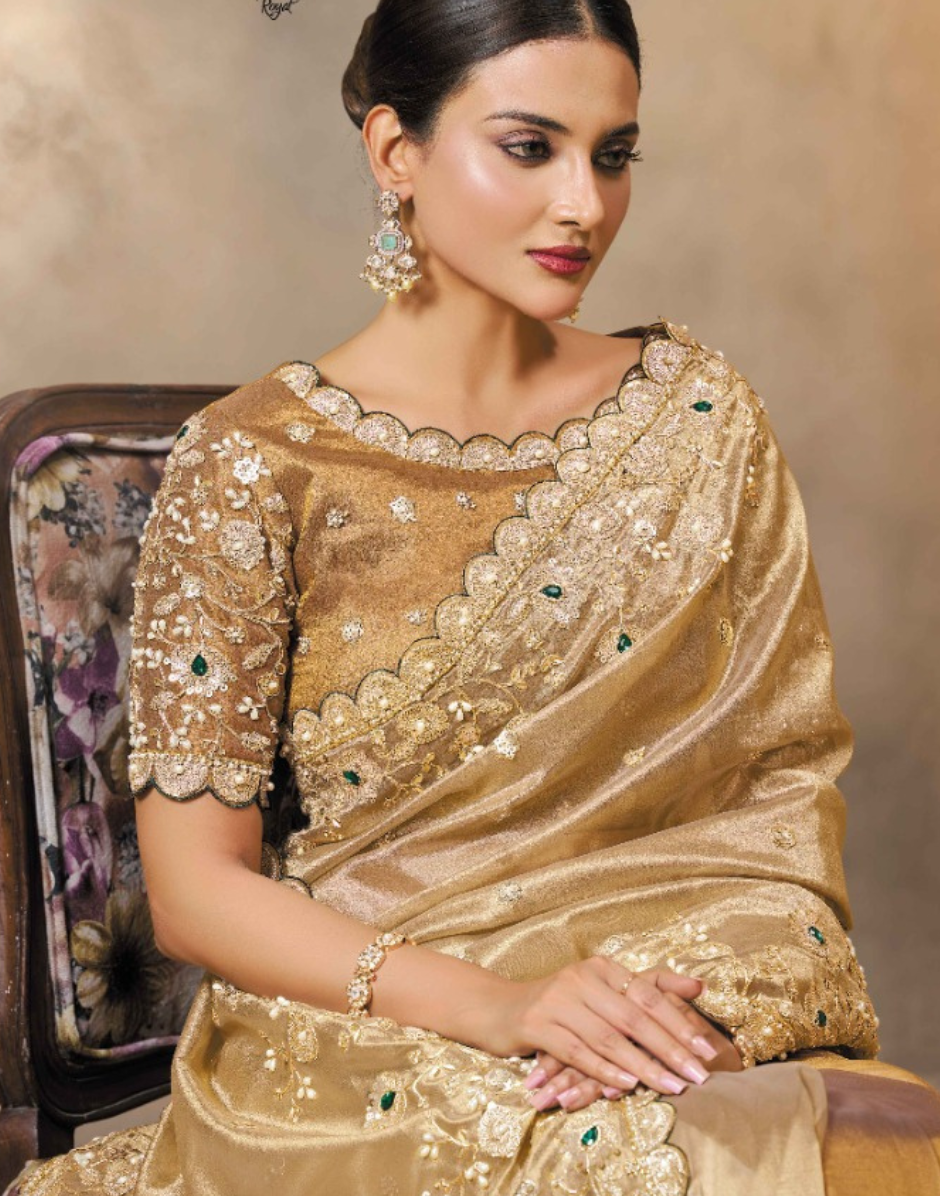 Traditional Kora Zari Tissue Silk Saree in Brown with Zardosi, Stones & Hand Embroidery Blouse - Buy_1