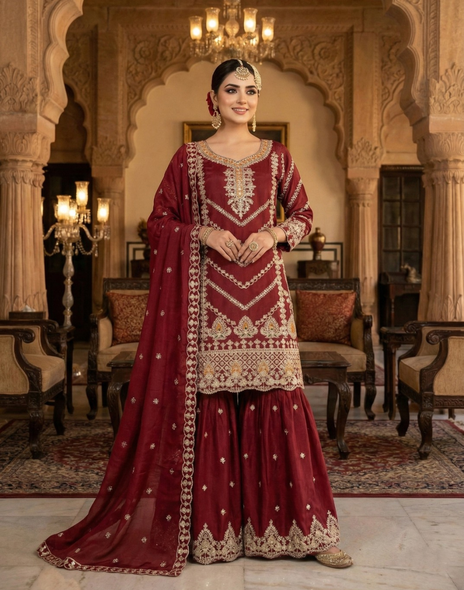 Traditional Maroon Chinon Sharara Set with Heavy Embroidery for Bridal & Festive Wear - Buy