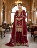 Traditional Maroon Chinon Sharara Set with Heavy Embroidery for Bridal & Festive Wear - Buy_1