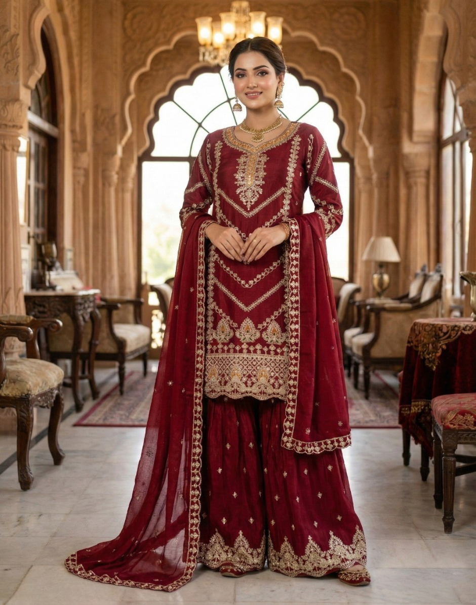 Traditional Maroon Chinon Sharara Set with Heavy Embroidery for Bridal & Festive Wear - Buy_1