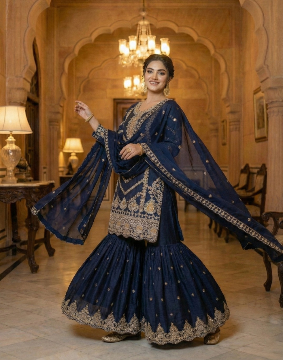 Traditional Maroon Chinon Sharara Set with Heavy Embroidery for Bridal & Festive Wear - Buy_3