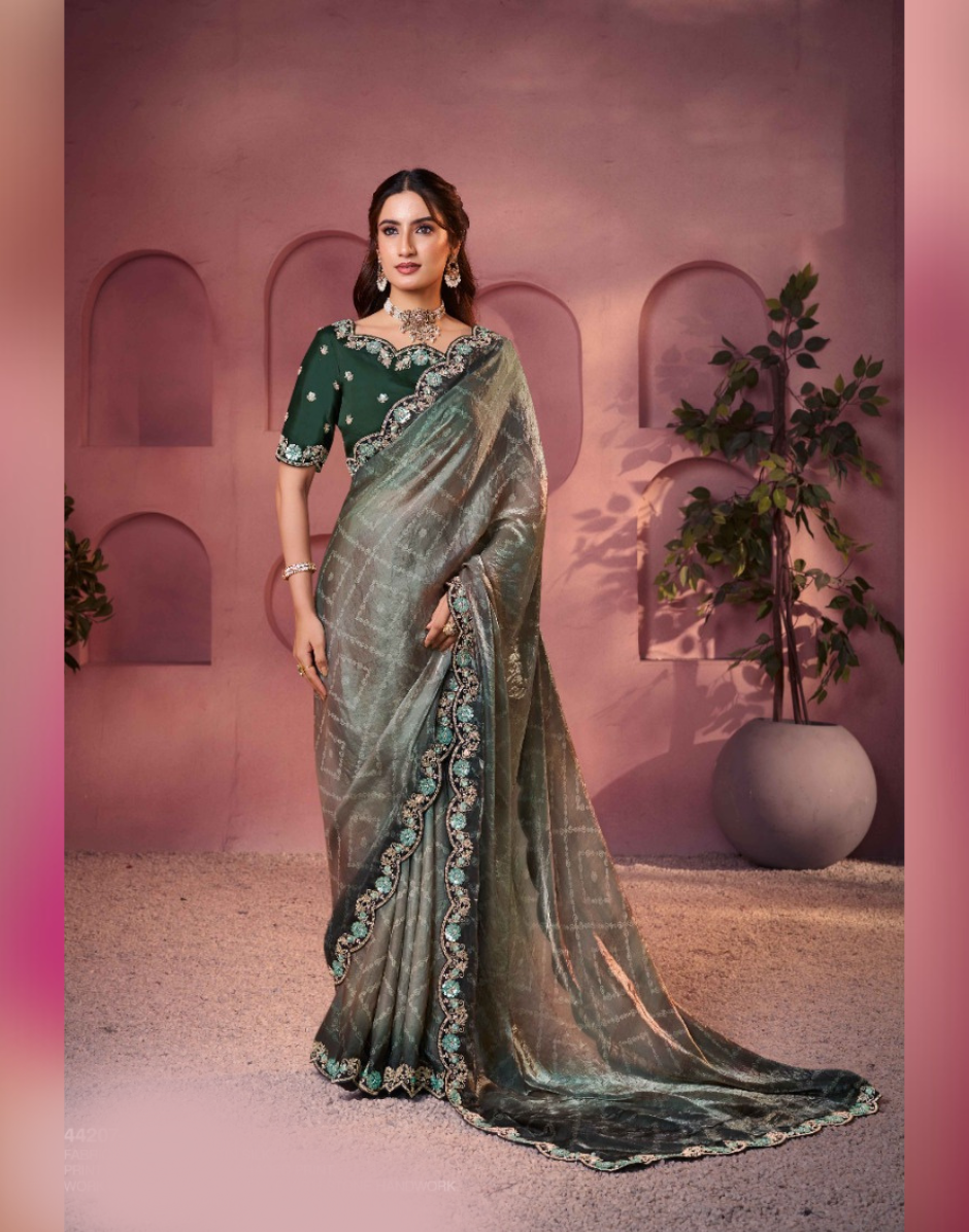 Traditional Meets Contemporary Bandhani Shaded Satin Silk Saree with Embroidery & Embellishments - Buy