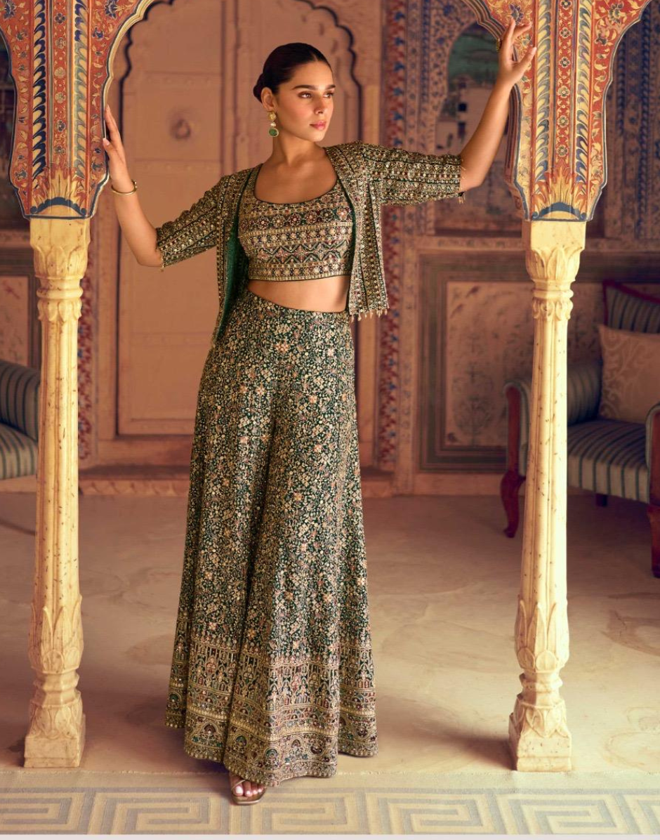 Traditional Mehendi Green Georgette Palazzo Set Seroski Work with Stylish Blouse & Jacket - Buy