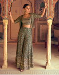 Traditional Mehendi Green Georgette Palazzo Set Seroski Work with Stylish Blouse & Jacket - Buy