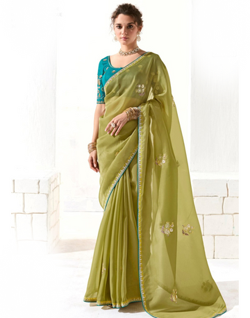 Traditional Mehendi Green Organza Tissue Saree with Sequin Border and Thread Work