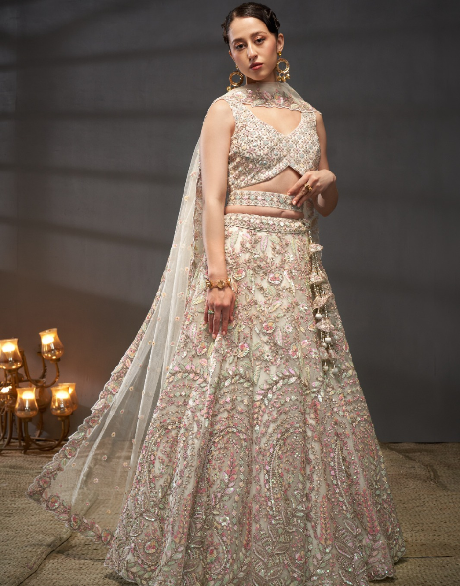 Traditional Net Lehenga with Multicolor Sequins Embroidered Blouse & Ethnic Motif Dupatta