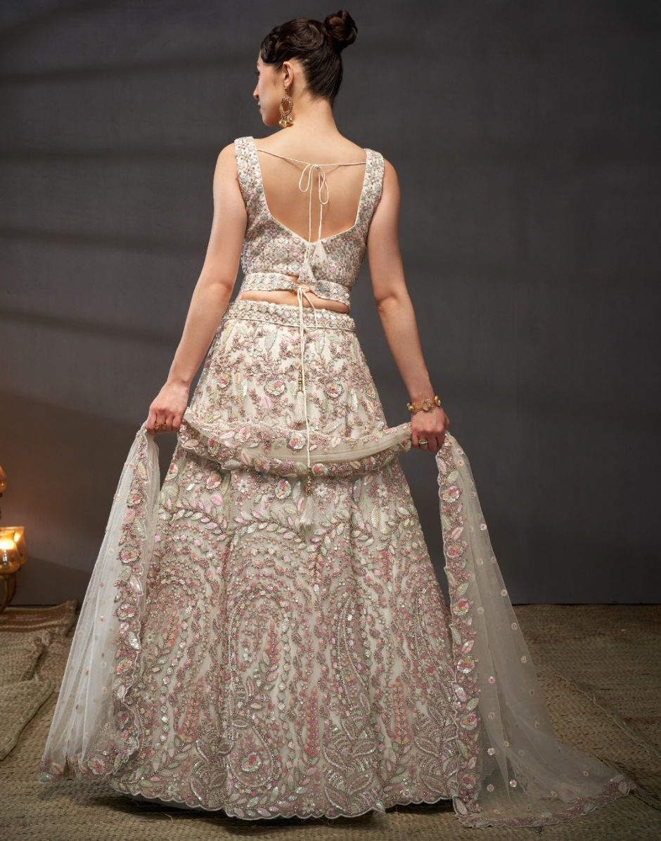 Traditional Net Lehenga with Multicolor Sequins Embroidered Blouse & Ethnic Motif Dupatta