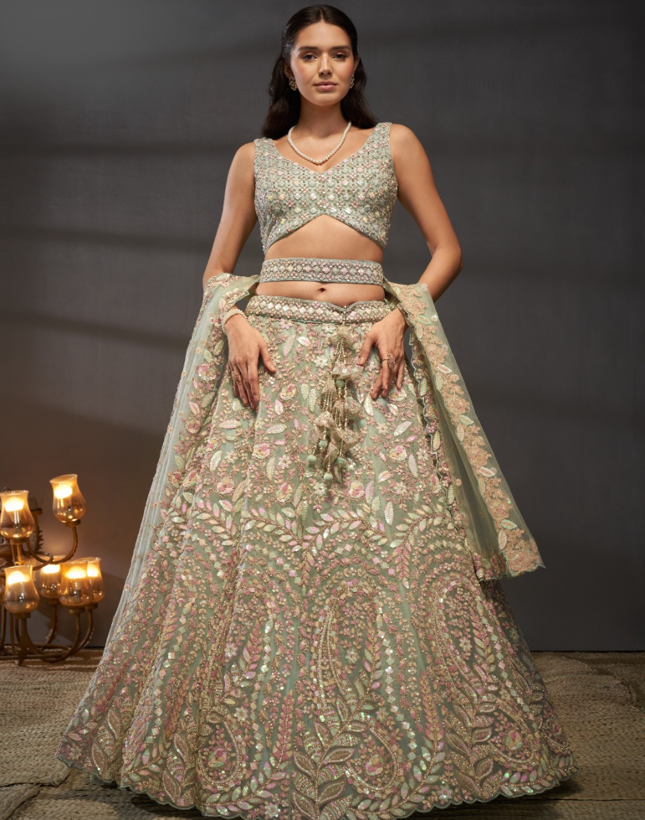 Traditional Net Lehenga with Multicolor Sequins Embroidered Blouse & Ethnic Motif Dupatta_10