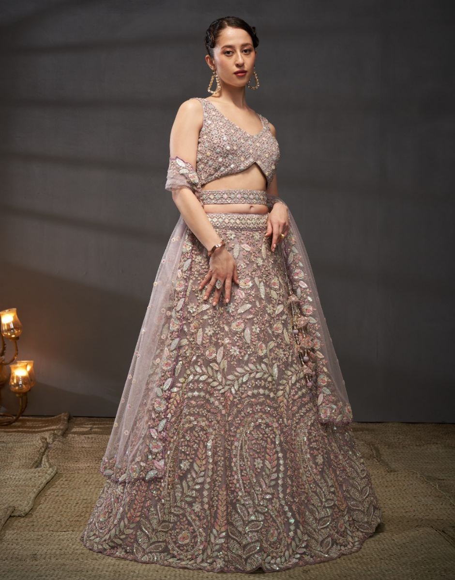 Traditional Net Lehenga with Multicolor Sequins Embroidered Blouse & Ethnic Motif Dupatta_5