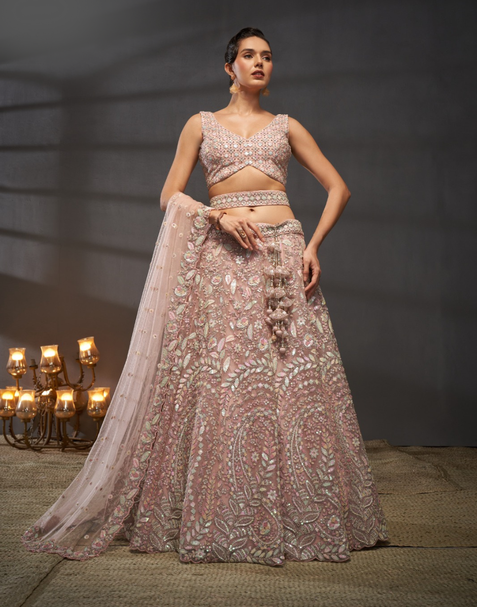 Traditional Net Lehenga with Multicolor Sequins Embroidered Blouse & Ethnic Motif Dupatta_8