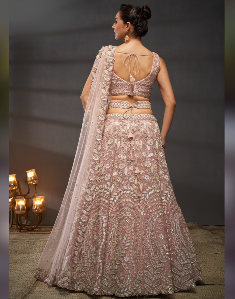 Traditional Net Lehenga with Multicolor Sequins Embroidered Blouse & Ethnic Motif Dupatta_9