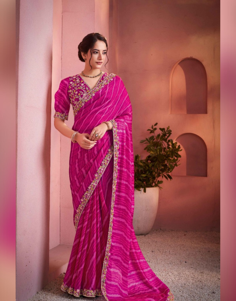 Traditional Pink Bandhani Leheriya Saree in Two-Tone Satin Silk Stone & Thread Work Blouse Included - Buy