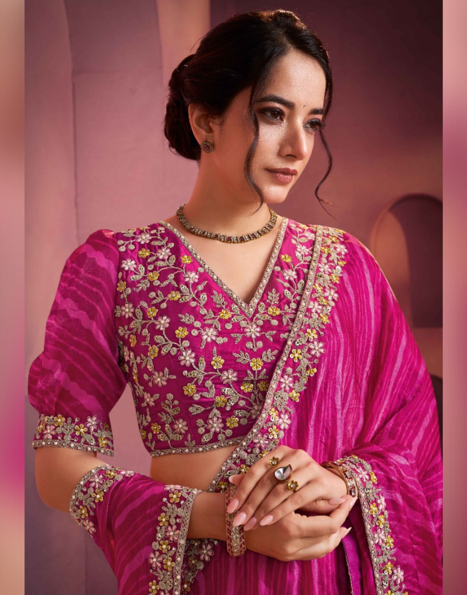 Traditional Pink Bandhani Leheriya Saree in Two-Tone Satin Silk Stone & Thread Work Blouse Included - Buy