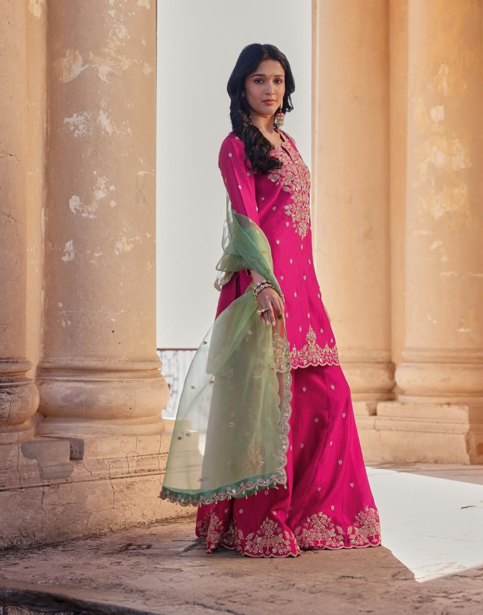 Traditional Pink Kurti Palazzo Set with Beautiful Sequin Embroidery and Dupatta