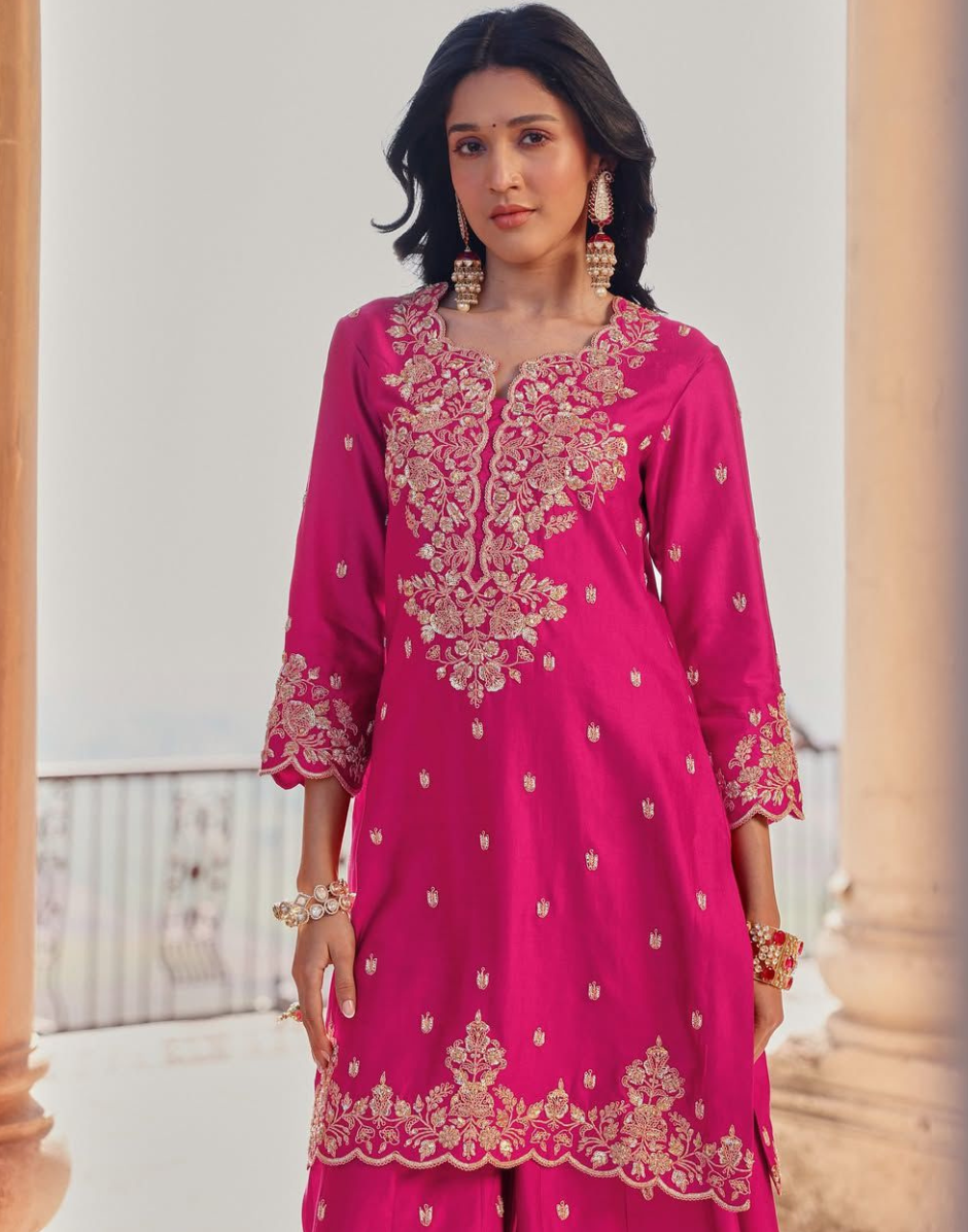 Traditional Pink Kurti Palazzo Set with Beautiful Sequin Embroidery and Dupatta