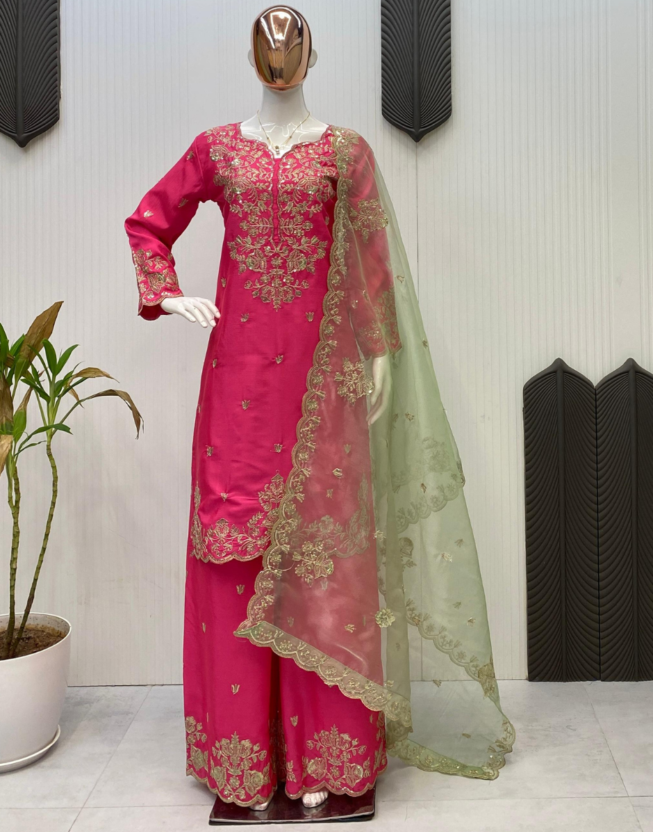 Traditional Pink Kurti Palazzo Set with Beautiful Sequin Embroidery and Dupatta_3
