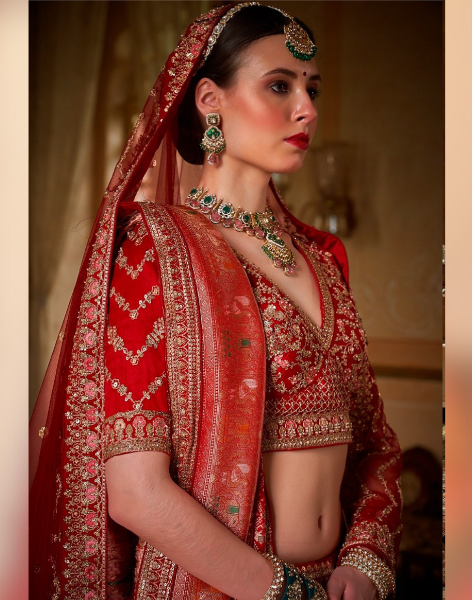Traditional Red Bridal Silk Lehenga with Thread, Pearl, Sequin & Zari Work Complete Set with 2 Dupattas & Blouse - Buy_1