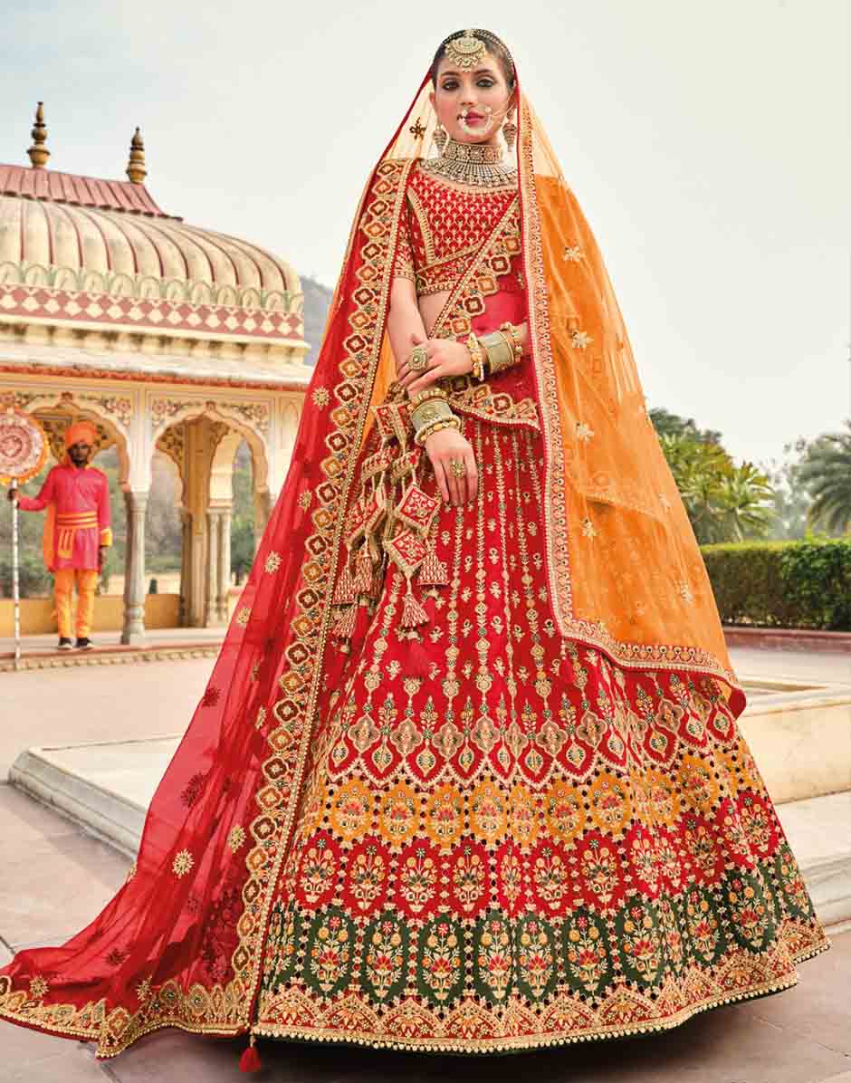 Traditional Red and Orange Silk With Khatli Embroidery and Heavy Work Lehenga