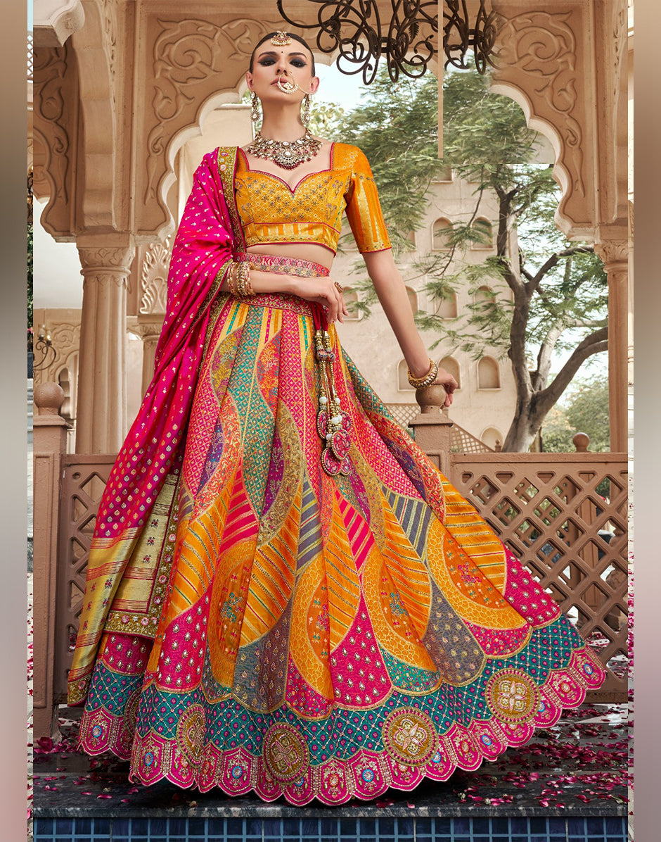 Traditional Yellow Banarasi Lehenga Choli with Embroidered Dupatta - Buy