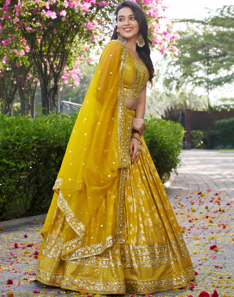 Traditional Yellow Silk Jacquard Lehenga Set Zari & Sequin Work with Sheer Organza Dupatta_1