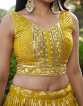 Traditional Yellow Silk Jacquard Lehenga Set Zari & Sequin Work with Sheer Organza Dupatta_3