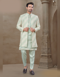 Traditional Yet Trendy Men’s Green Floral Jacquard Silk Kurta Pant Jacket Set