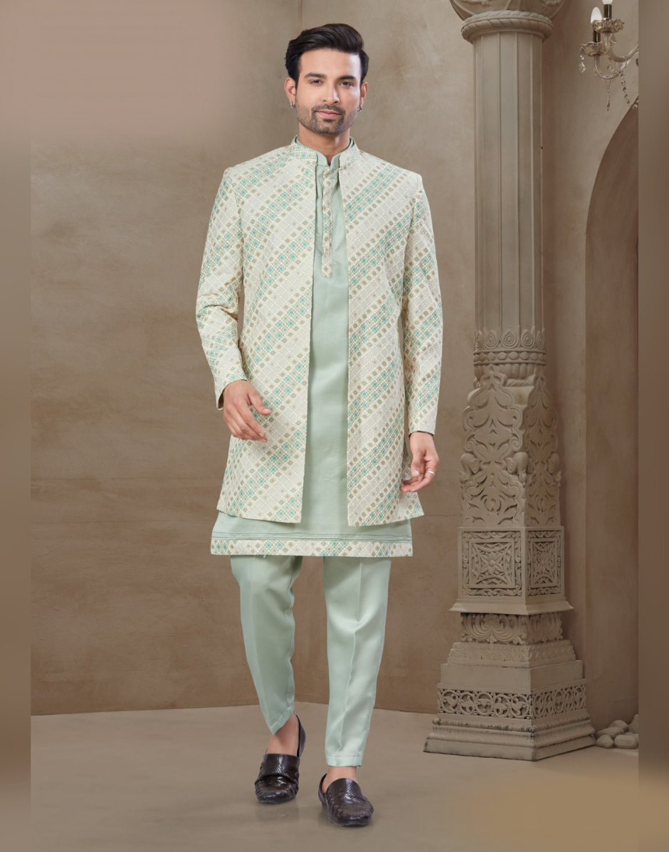 Traditional Yet Trendy Men’s Green Floral Jacquard Silk Kurta Pant Jacket Set_1
