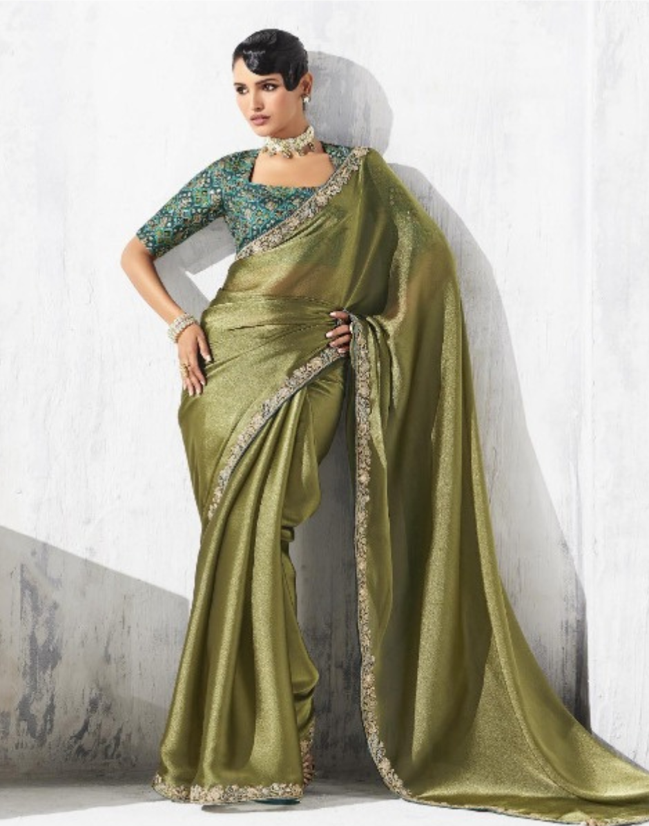 Traditional with a Twist Mehendi Green Embroidered Saree & Printed Blouse - Buy