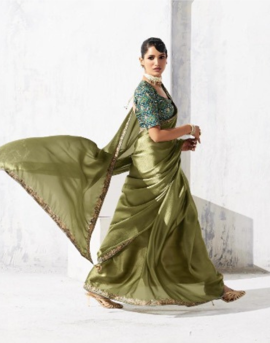 Traditional with a Twist Mehendi Green Embroidered Saree & Printed Blouse - Buy