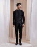 Treble Twilight Formal Two-Piece Black Bandhgala with Silver Thread Detailing & Trousers
