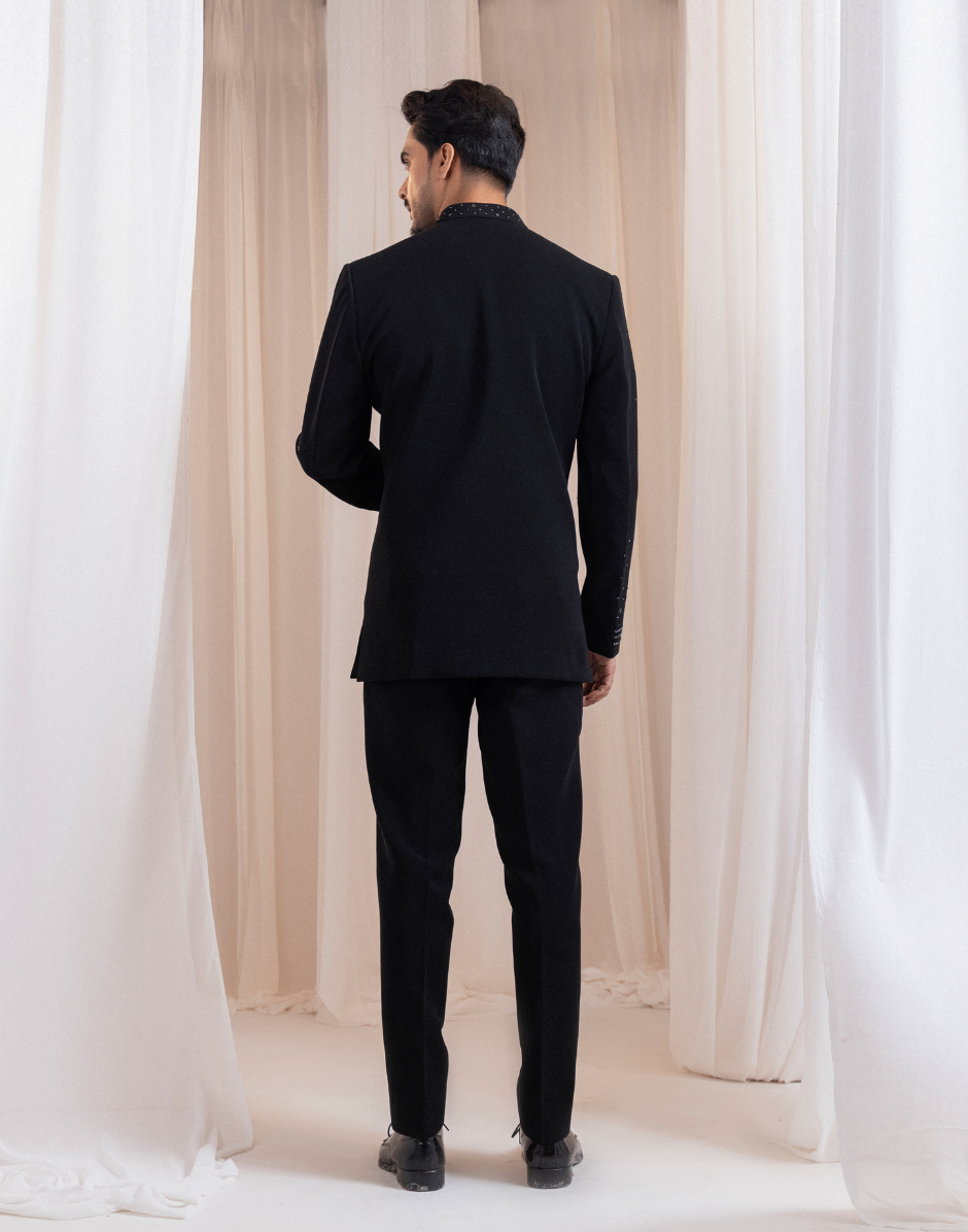Treble Twilight Formal Two-Piece Black Bandhgala with Silver Thread Detailing & Trousers_1